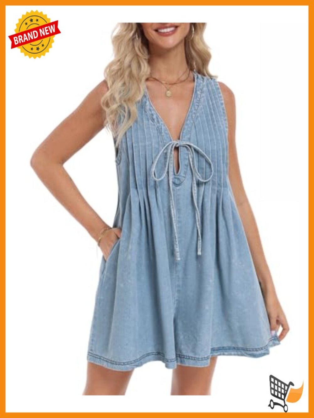 Denim Romper Women Sleeveless Tie Front V Neck Jean Short Overall
